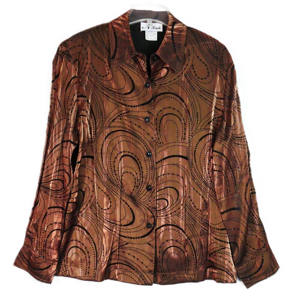 N touch Womens Size L Brown Blouse Embellished Felted Black Swirl Button Up